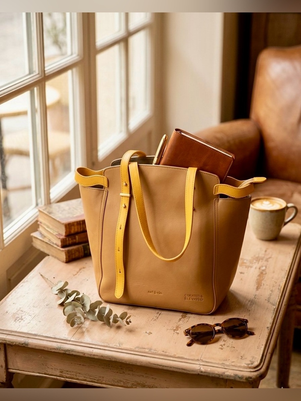✨ Nat & Nin Paris Genuine Leather Macy Tote Shoulder Bag Camel & Yellow ✨